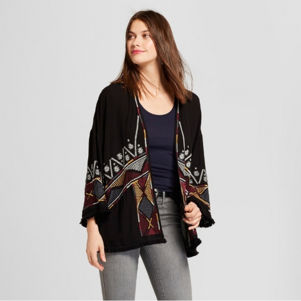 Embroidered Fringe Kimono Jacket